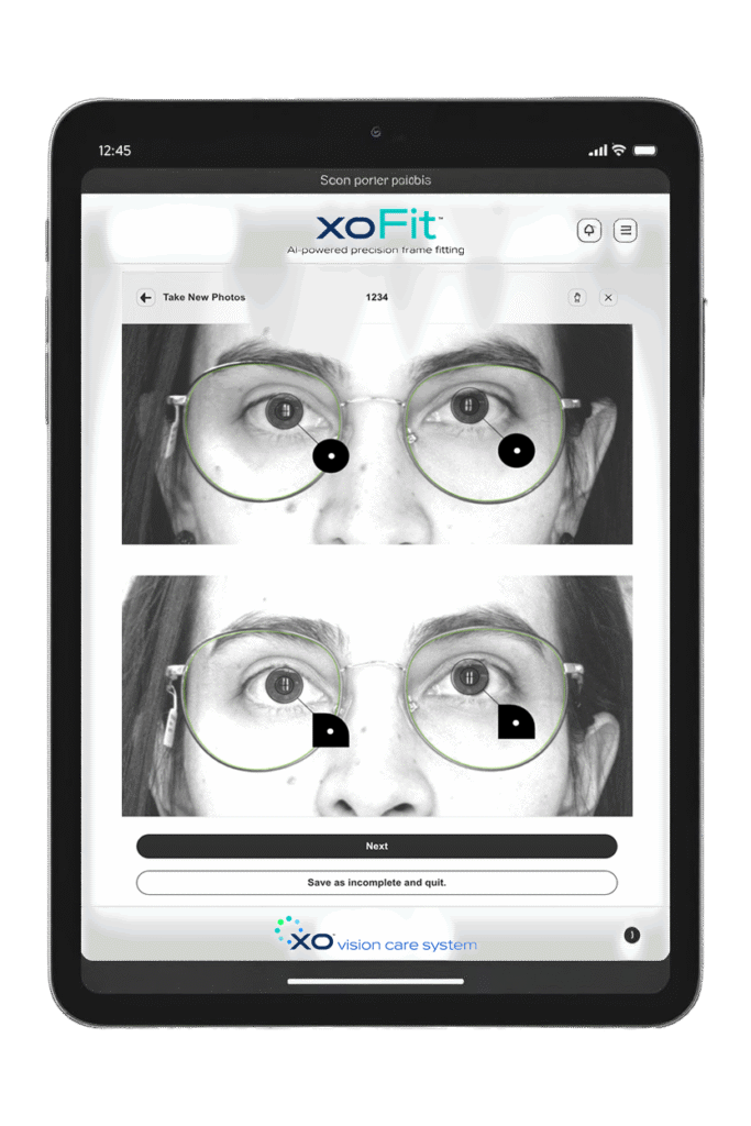 xoFit™ precision frame fitting system from Xenon Ophthalmics, part of the complete XO™ Vision Care System. One system. From appointment to finished eyewear. Check screen.
