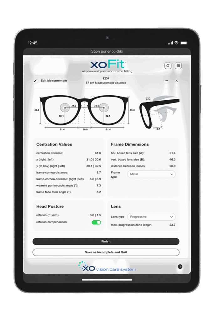 xoFit™ precision frame fitting system from Xenon Ophthalmics, part of the complete XO™ Vision Care System. One system. From appointment to finished eyewear. Results screen.