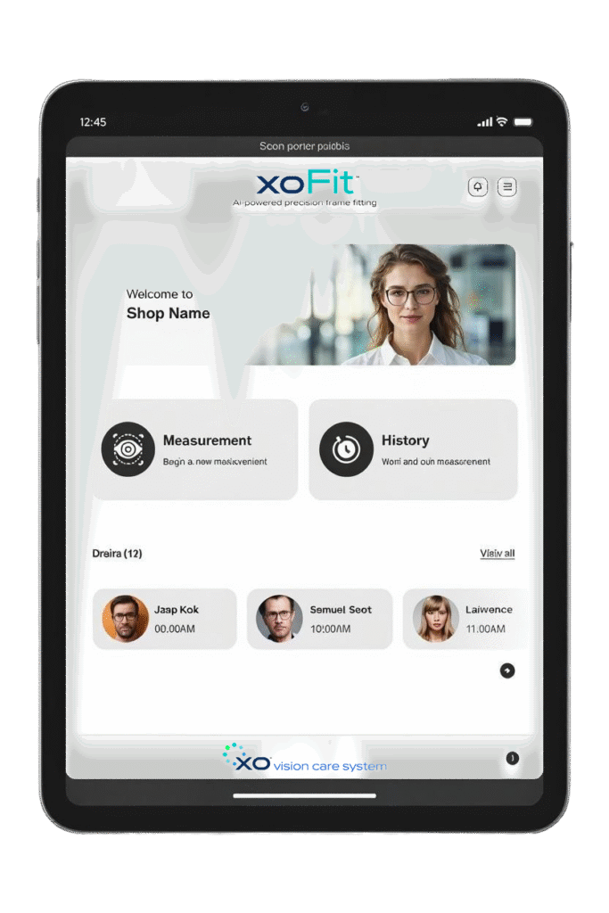 xoFit™ precision frame fitting system from Xenon Ophthalmics, part of the complete XO™ Vision Care System. One system. From appointment to finished eyewear. Start screen.